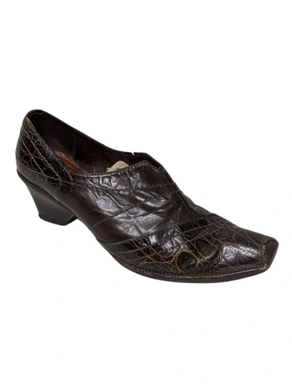 HISPANITAS Brown Leather Croc Embossed Heeled Loafers 7